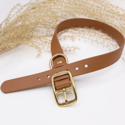Neutral waterproof biothane dog collar in desert tan with solid brass hardware handmade in Canada by Wanderlust Pup Co